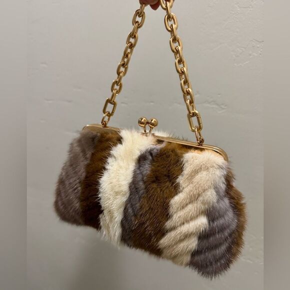 Colorblock Handmade Real Mink Fur Kisslock Clutch/Wristlet/Crossbody - Picture 8 of 15